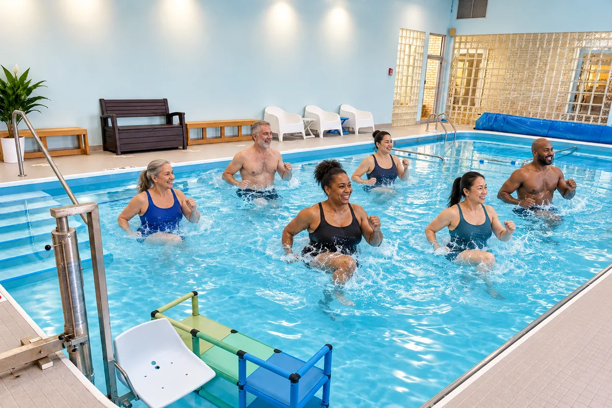 Adults doing a low-impact Aqua Cardio workout in the warm pool