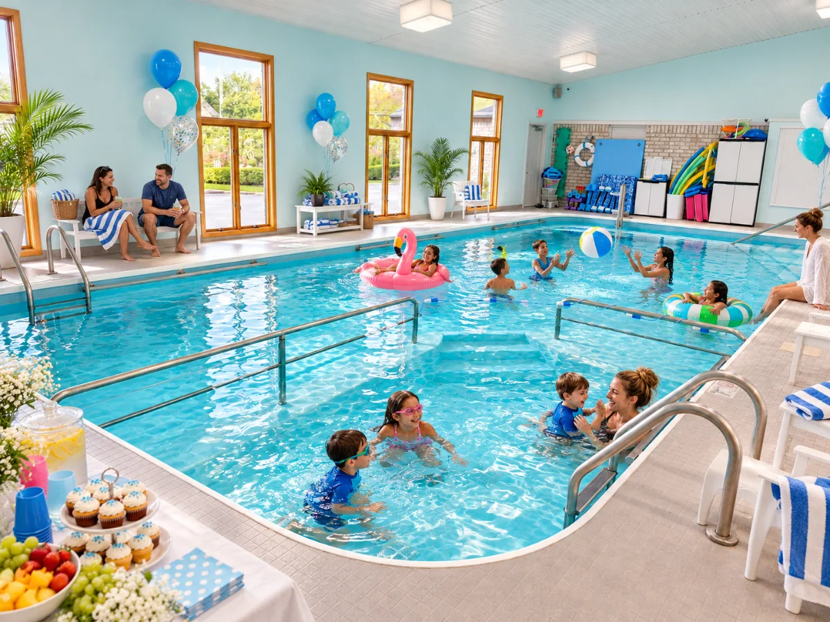 Children playing with a beach ball and floats at a pool birthday party with balloons and cupcakes