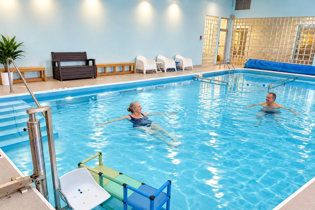 Two adults floating and swimming during Open Swim in the quiet pool
