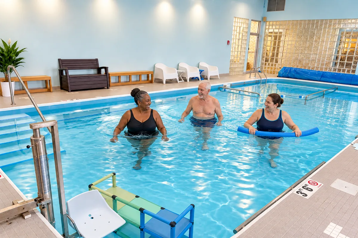 Three adults water walking and chatting in waist-deep water, one with a pool noodle