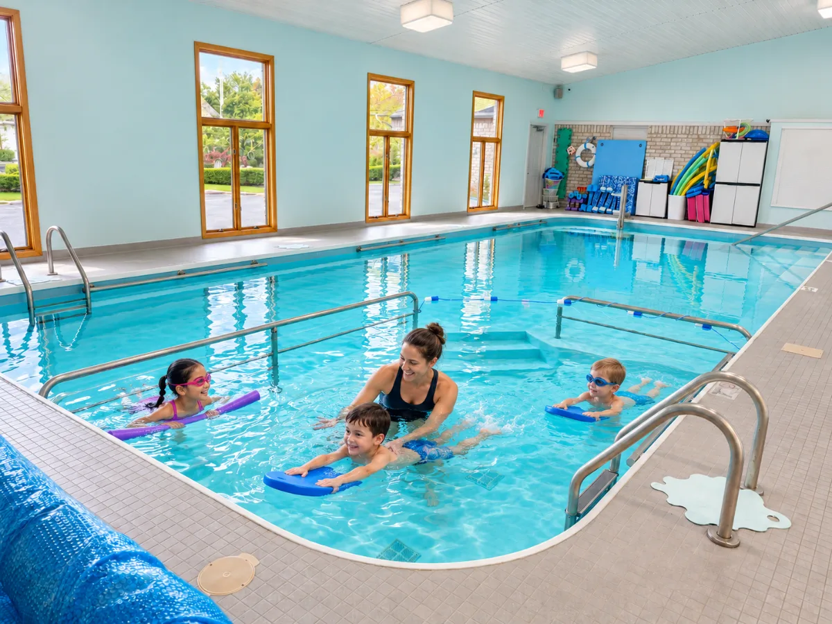 An instructor helping three young swimmers with kickboards and a noodle during a swim lesson in the warm pool